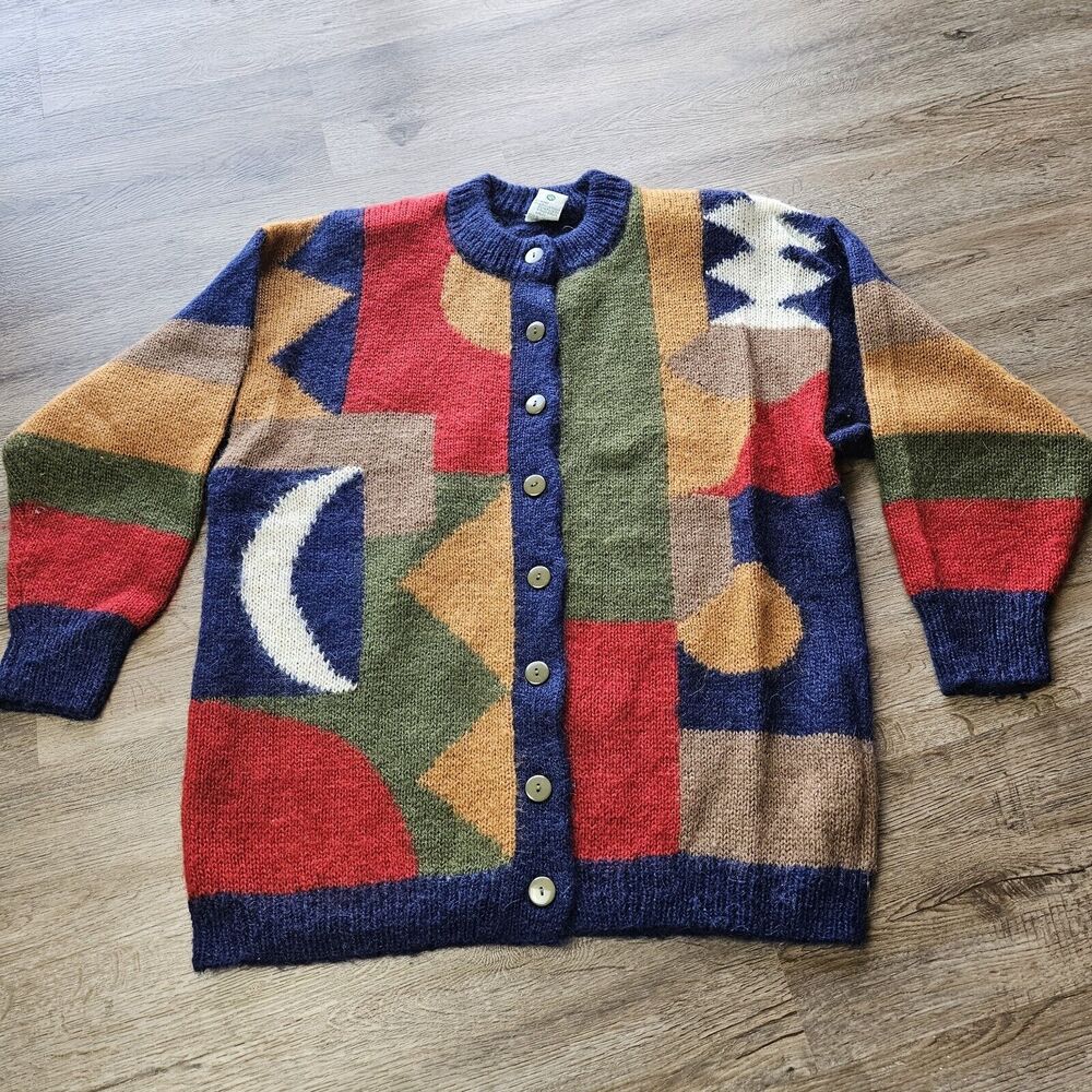 Vintage Canadian CANDA Mohair Blend Cardigan Sweater Sz M Geometric Button